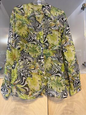 Jaipur vintage long-sleeve semi-sheer blouse zebra green tropical leaf size XL